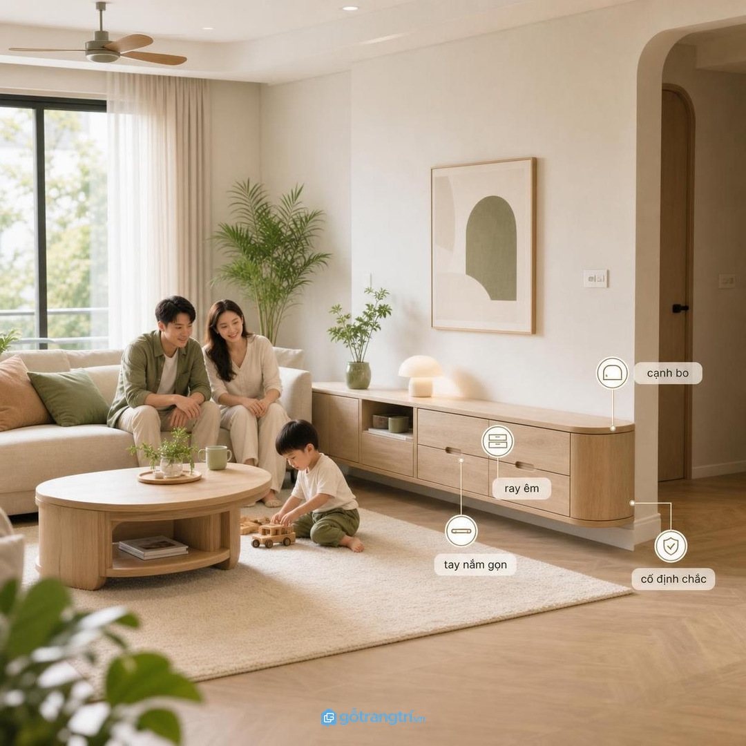 Nhà phố hẹp có cột lồi cạnh phòng khách