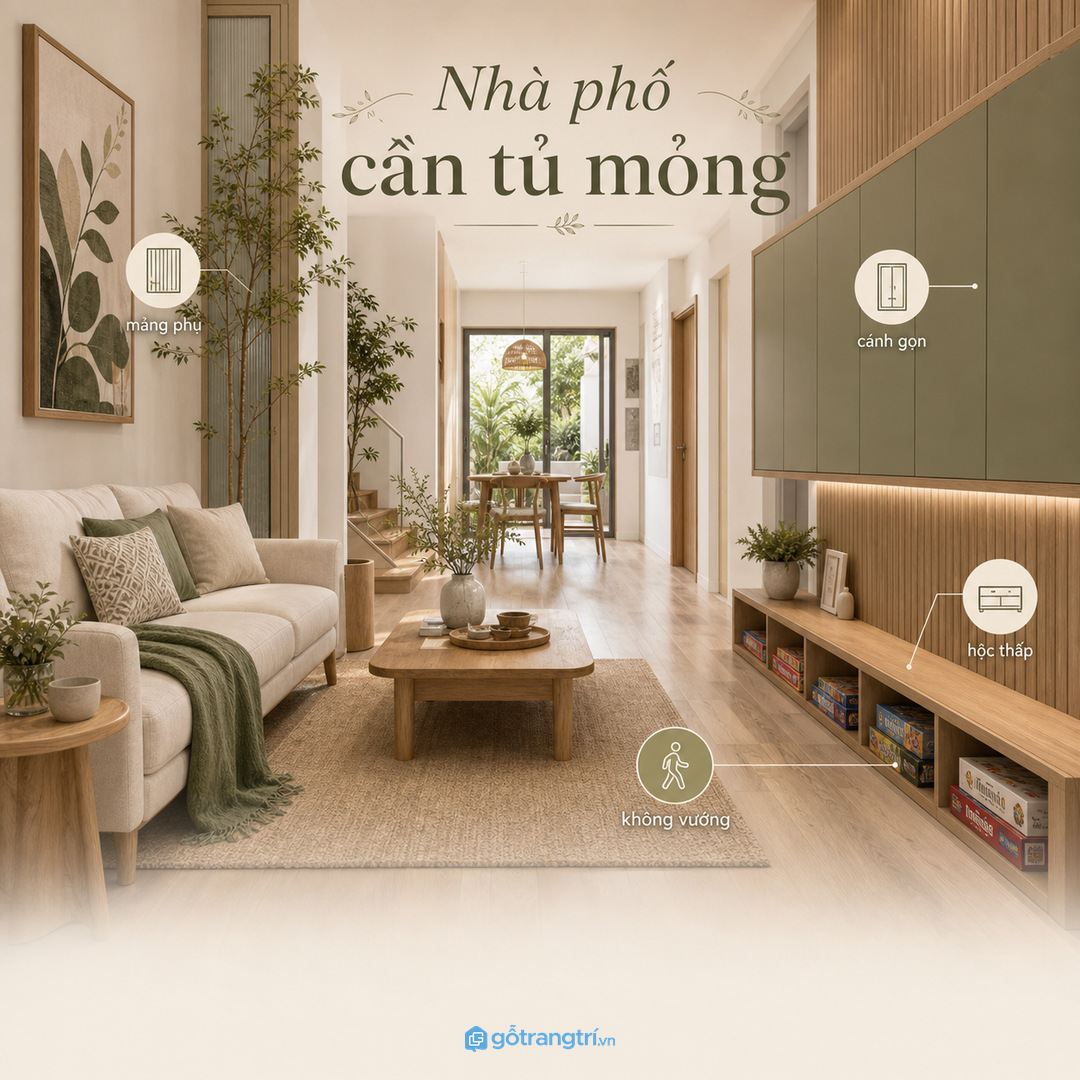 Nhà phố hẹp cần tận dụng mảng phụ nhưng giữ luồng đi