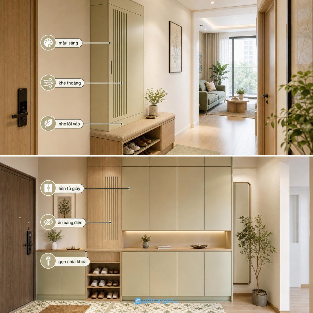 Căn hộ có bảng điện ngay cửa hợp tủ mỏng sát tường
