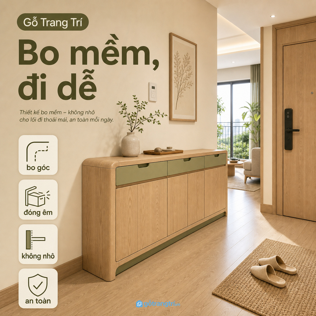 Nhà có trẻ nhỏ nên ưu tiên cạnh bo, tủ chắc và lối đi rộng