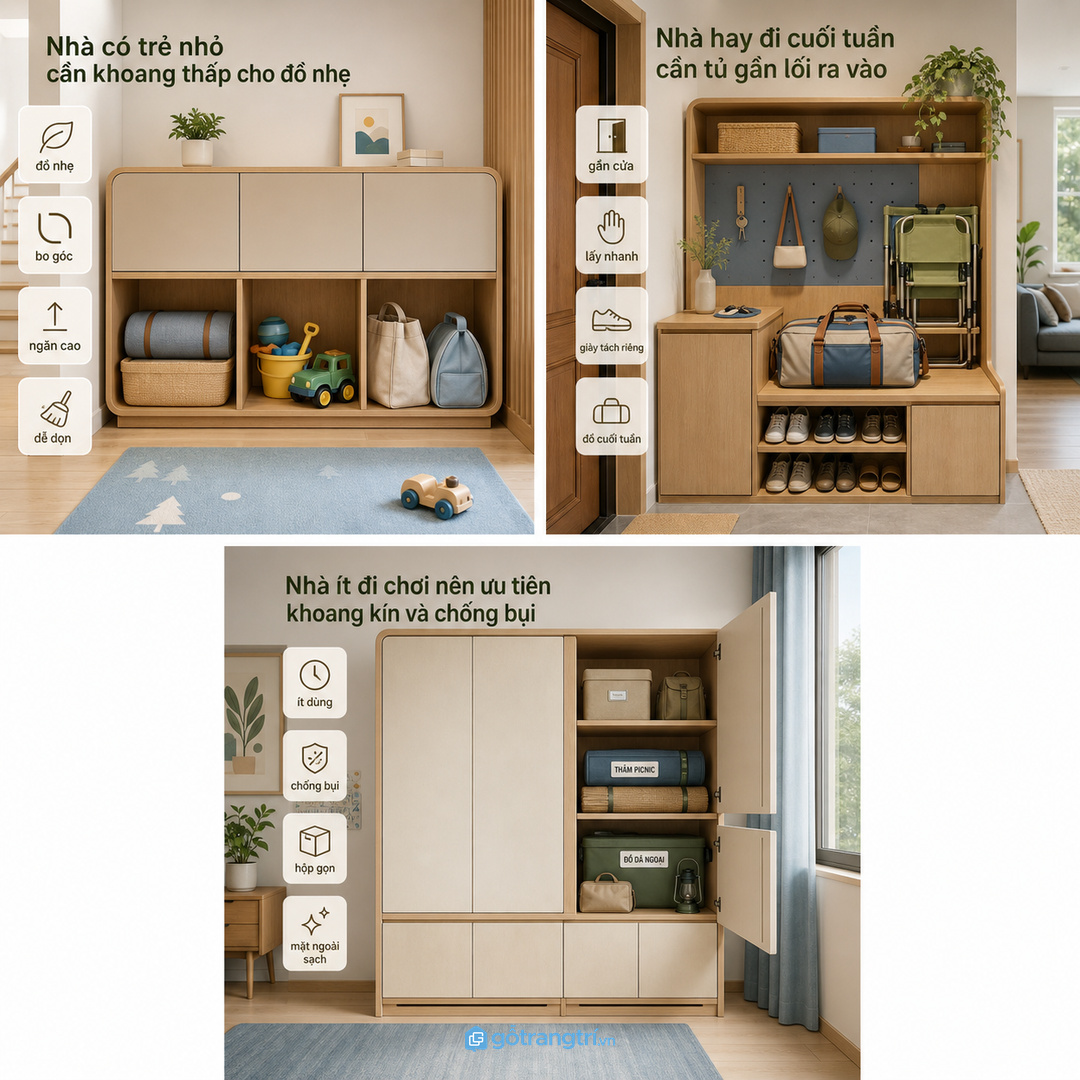 Tủ gần lối ra vào giúp chuẩn bị đồ đi chơi cuối tuần nhanh hơn
