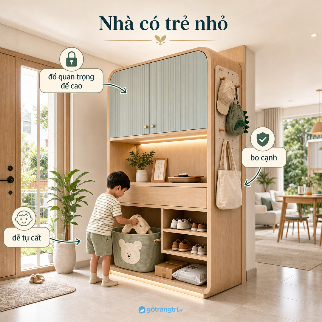 Nhà có trẻ nhỏ nên để đồ quan trọng cao, kín và an toàn