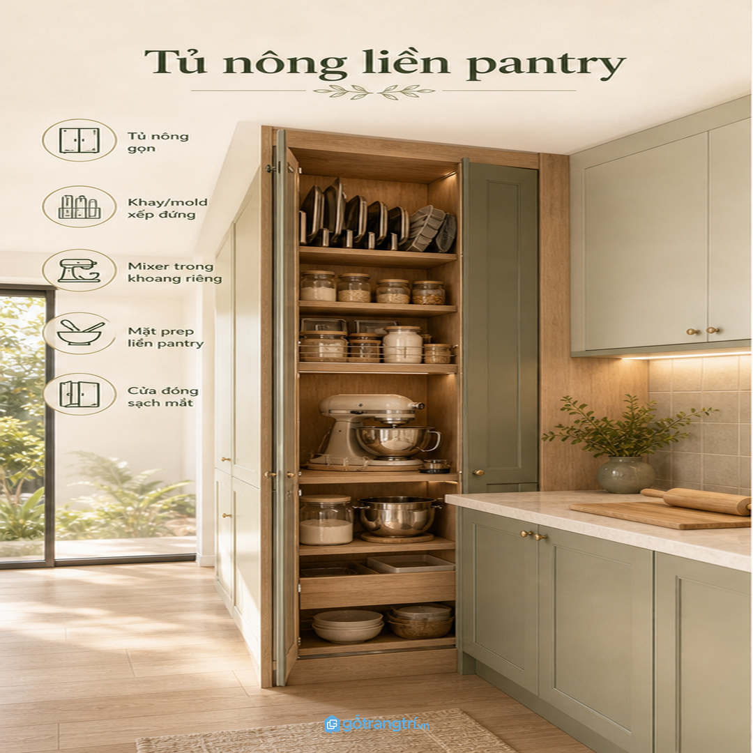 Căn hộ nhỏ hợp tủ nông liền pantry hoặc khu bàn soạn