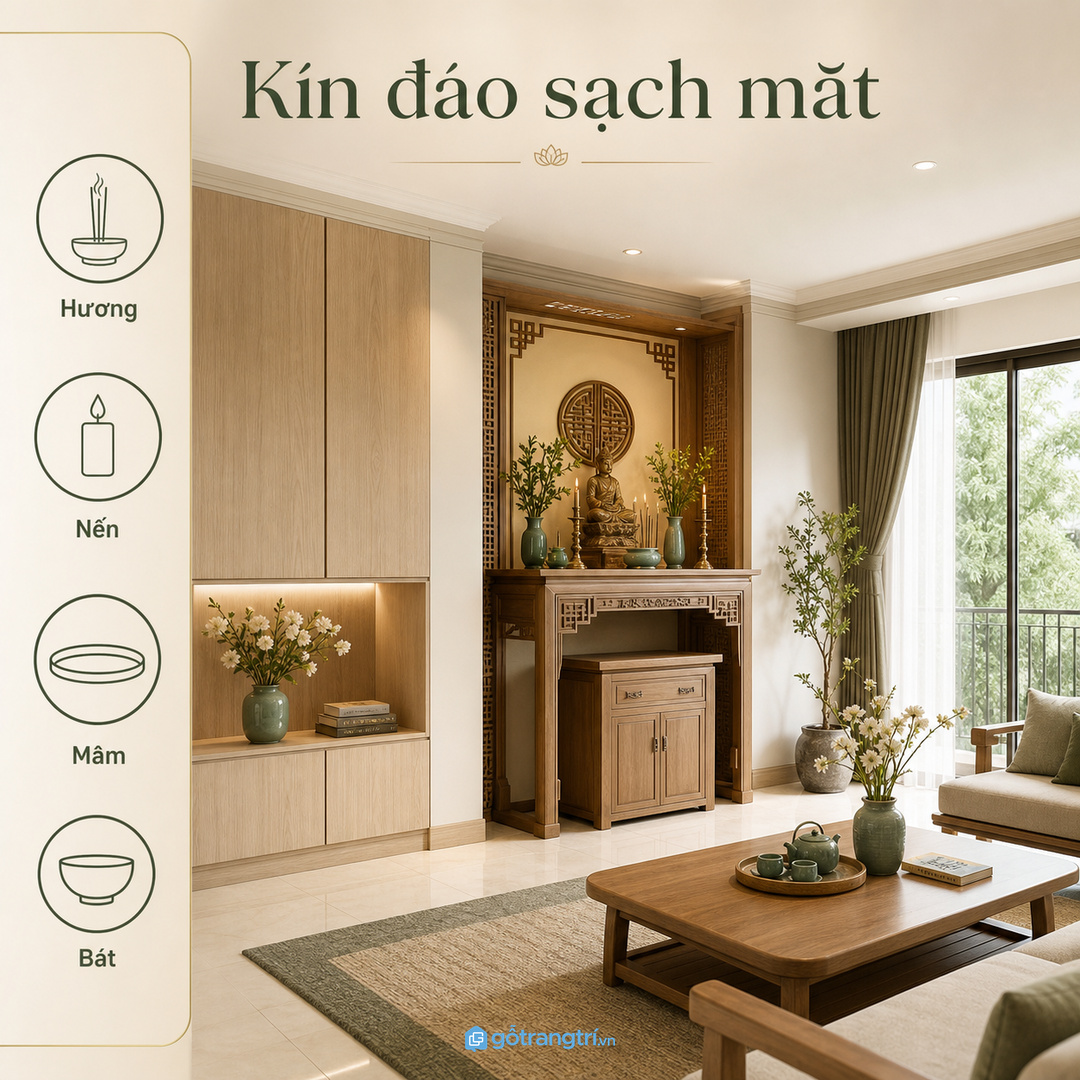 Tủ đồ lễ gần bàn thờ cần giữ vẻ kín đáo, sạch và không phô đồ