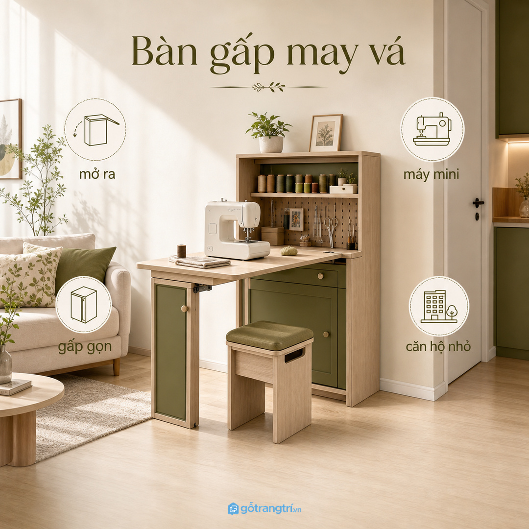 Căn hộ nhỏ hợp tủ may vá liền bàn gấp, mở ra dùng và gấp lại gọn
