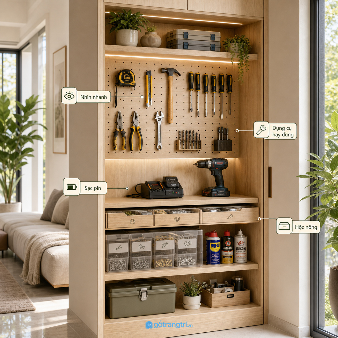 Người hay tự sửa đồ cần ngăn nhìn thấy nhanh, sạc pin gọn và hộc nông dễ lấy.