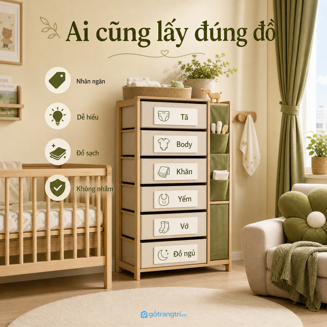 Nhãn ngăn rõ giúp ông bà hoặc người hỗ trợ lấy đúng đồ