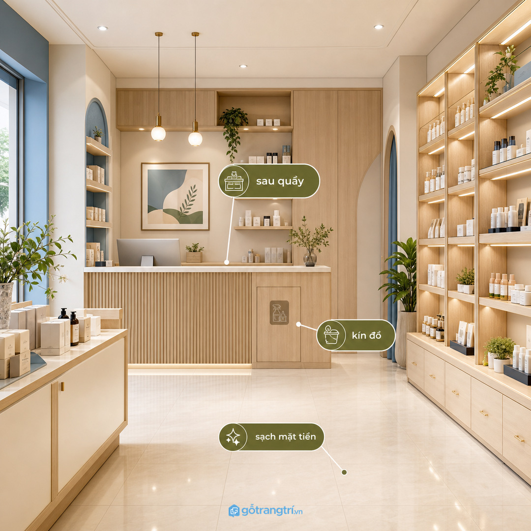 Showroom nhỏ nên giấu đồ vệ sinh sau quầy hoặc cạnh kho phụ
