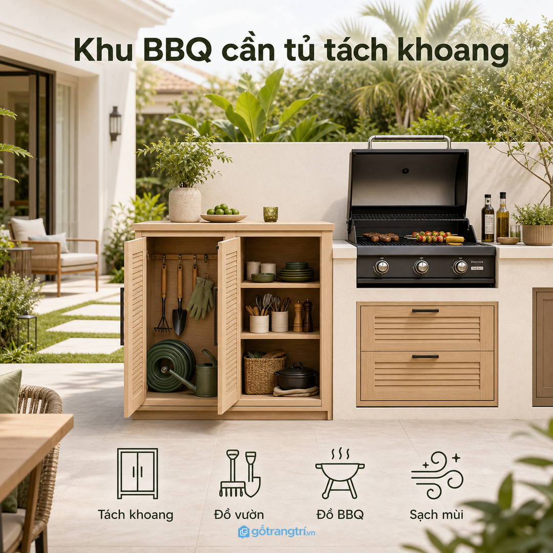 Sân thượng trồng cây hợp với tủ nhẹ gọn, kín vừa đủ và thoáng gió