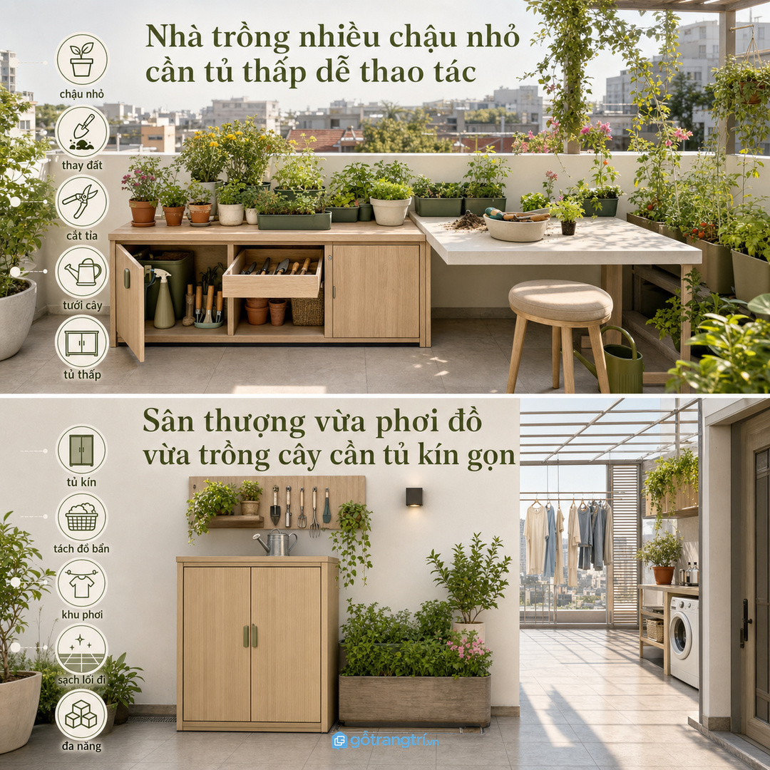 Nhà trồng nhiều chậu nhỏ cần tủ thấp dễ thao tác