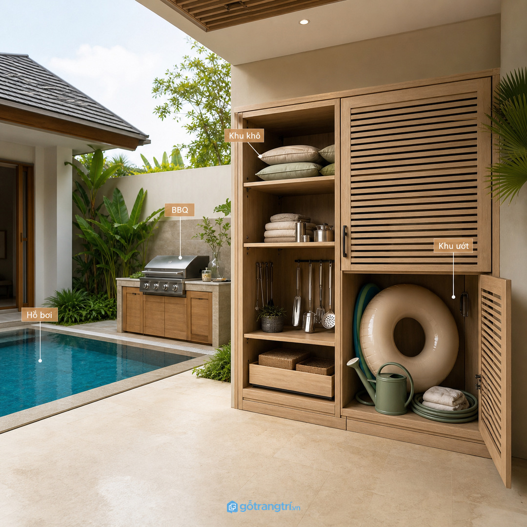 Khu hồ bơi và BBQ cần tủ phân vùng khô ướt rõ ràng