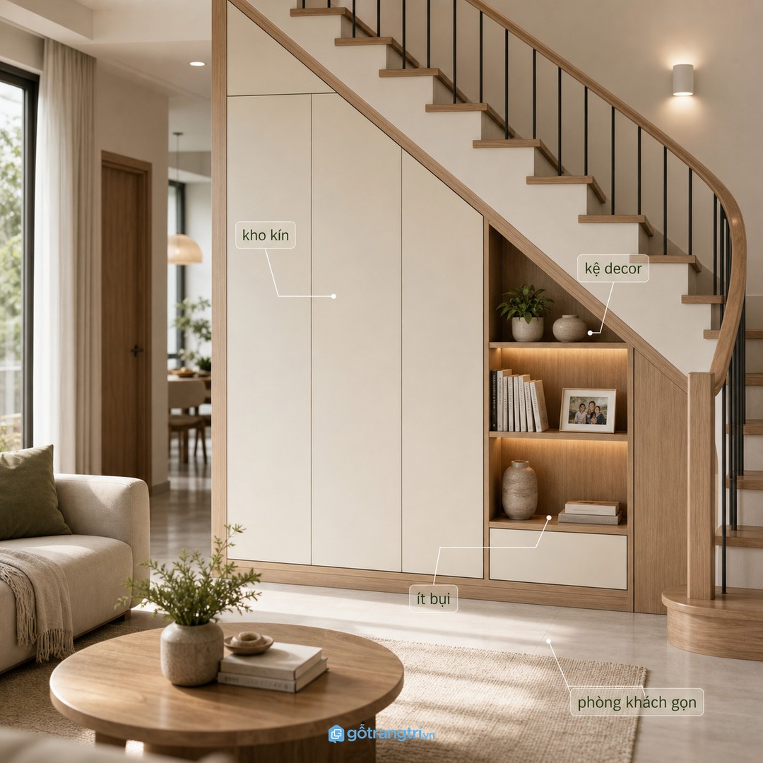 Kệ trang trí dưới cầu thang nên kết hợp kho kín để phòng khách đẹp mà không rối