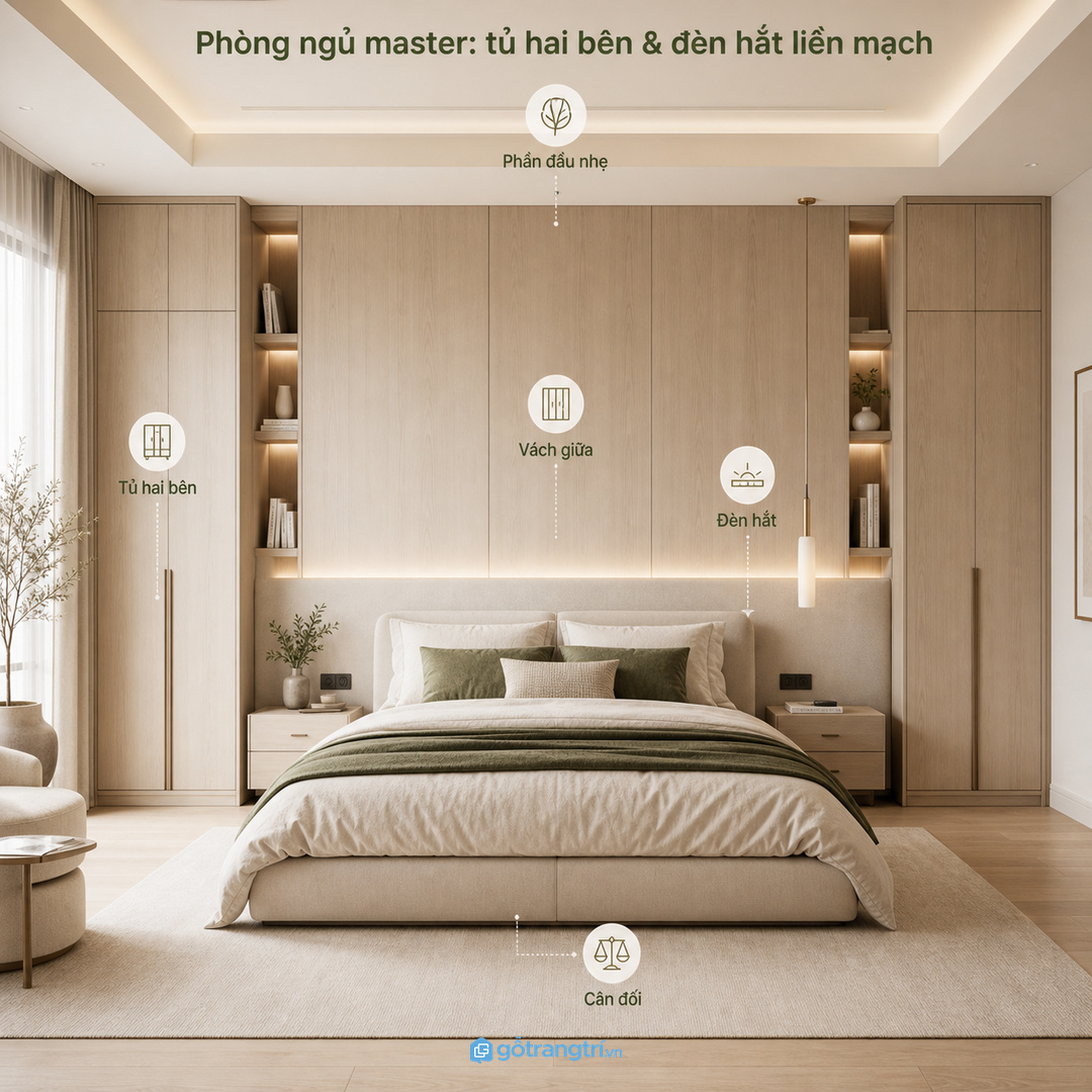 Phòng ngủ master có thể phối tủ hai bên, đèn hắt và mảng đầu giường liền mạch