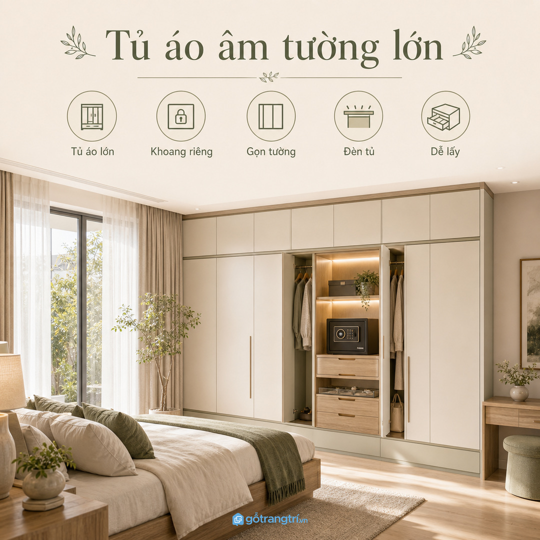 Phòng master dùng tủ áo âm tường lớn