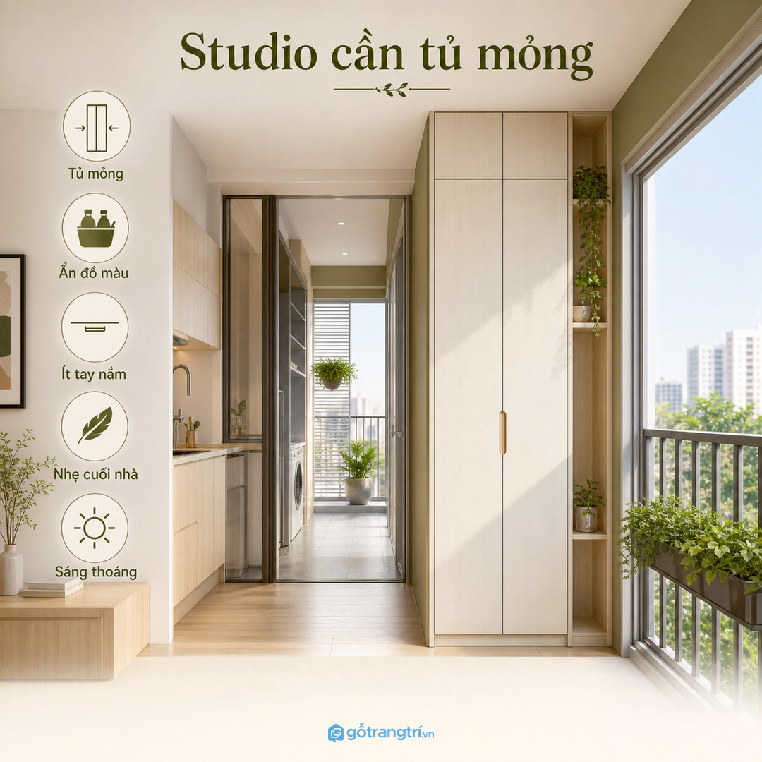 Căn hộ studio cần tủ mỏng và ít chi tiết