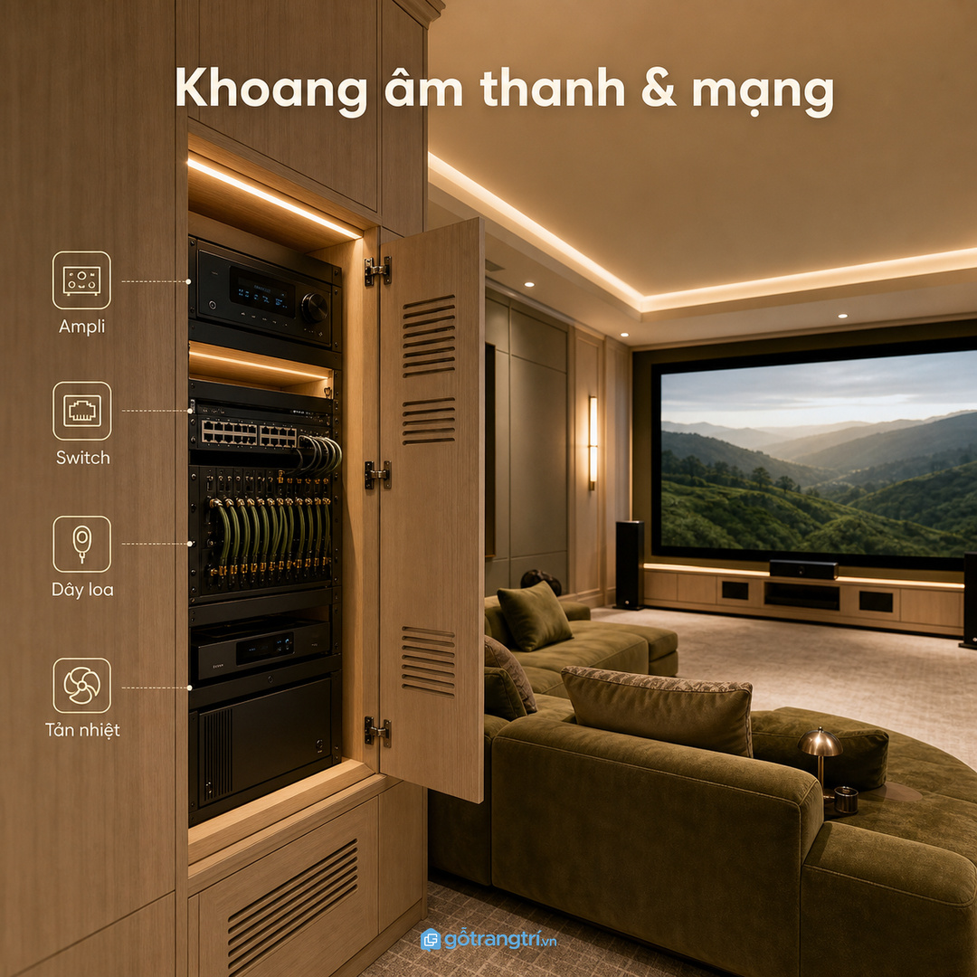 Sảnh biệt thự có thể giấu tủ kỹ thuật như một mảng nội thất