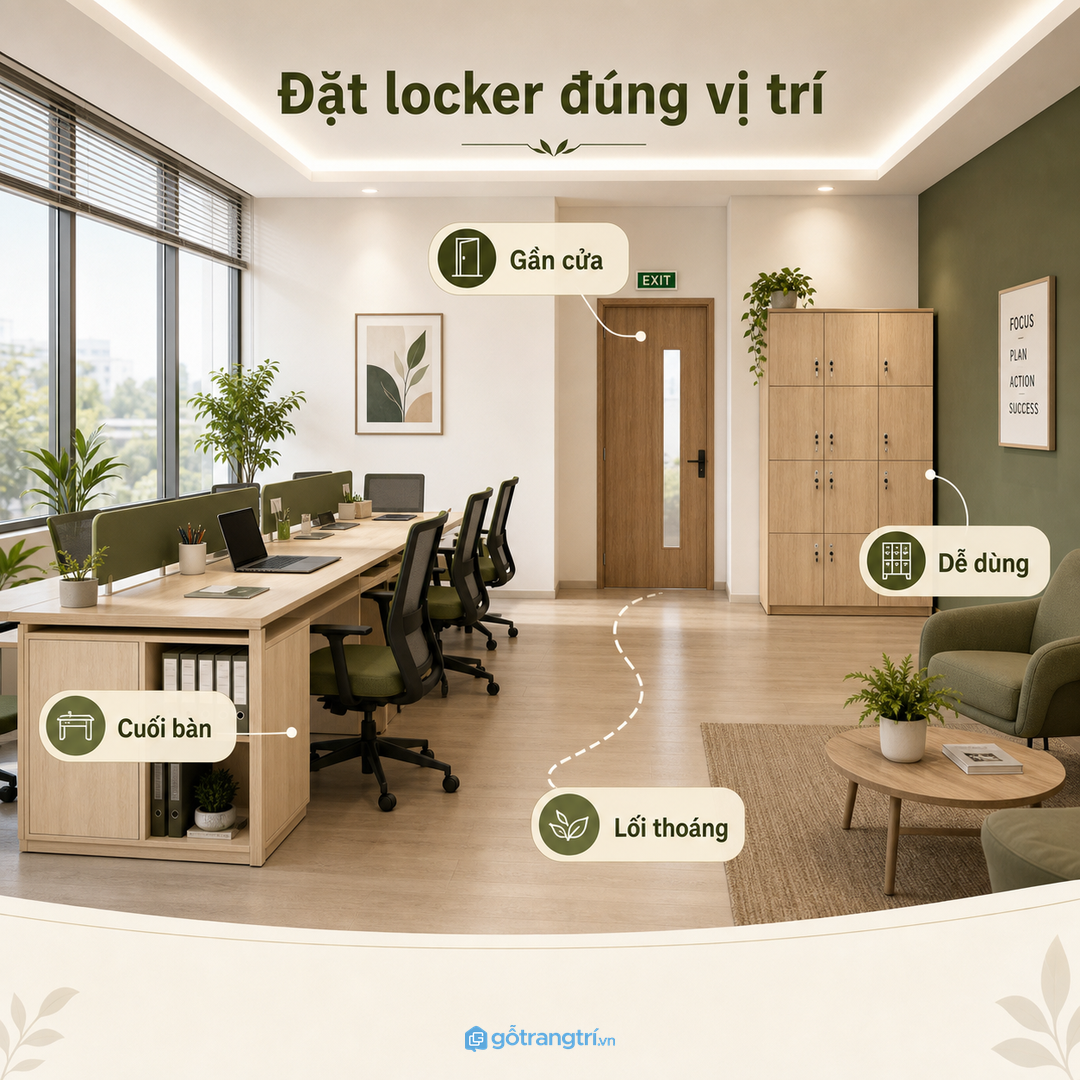 Đặt locker gần cửa, cuối cụm bàn hoặc hành lang phụ để dễ dùng mà không chắn lối