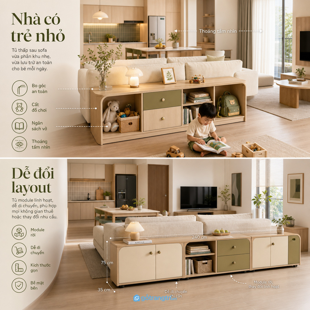 Nhà có trẻ nhỏ cần ưu tiên an toàn và khoang đồ chơi