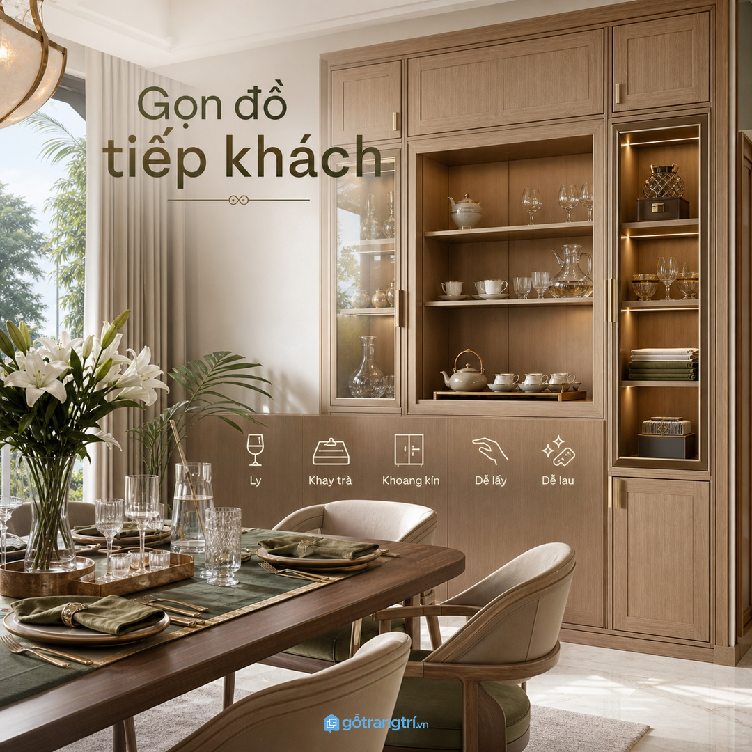 Phòng ăn biệt thự hợp tủ ly gần bàn tiệc