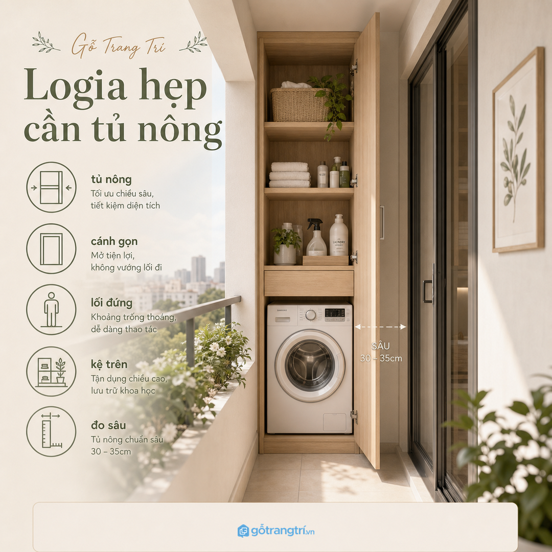 Logia hẹp cần tủ nông và cánh mở không vướng