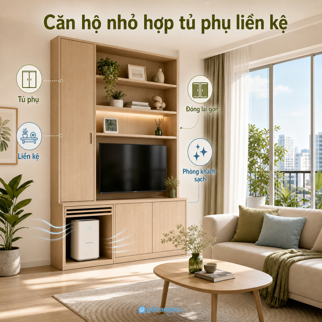 Căn hộ nhỏ hợp tủ phụ liền kệ, đóng lại vẫn sạch như nội thất phòng khách