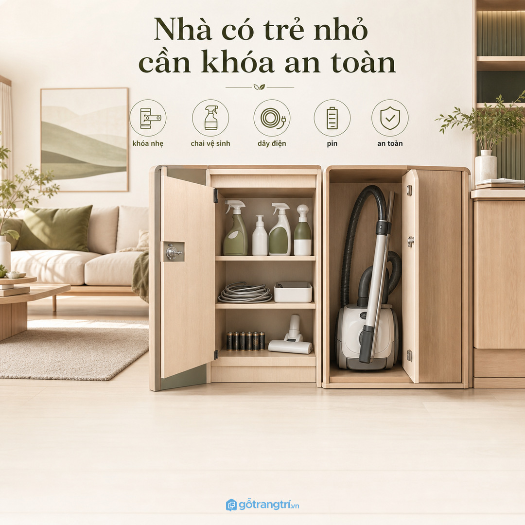 Nhà có trẻ nhỏ cần khoang kín hoặc khóa nhẹ cho hóa chất và dây điện