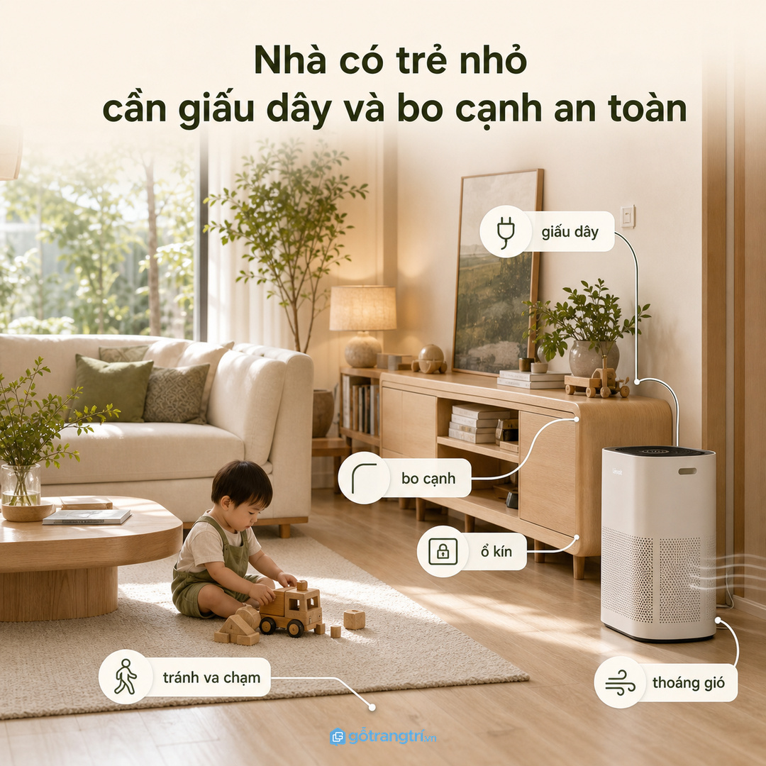 Nhà có trẻ nhỏ nên giấu dây, bo cạnh và giữ máy ngoài tầm va chạm