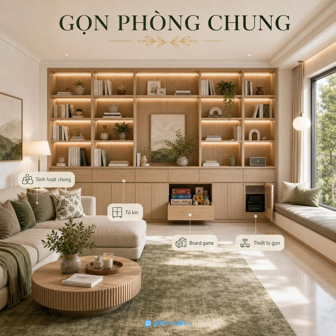 Phòng sinh hoạt chung cần tủ sách có khoang kín để giấu đồ dùng chung