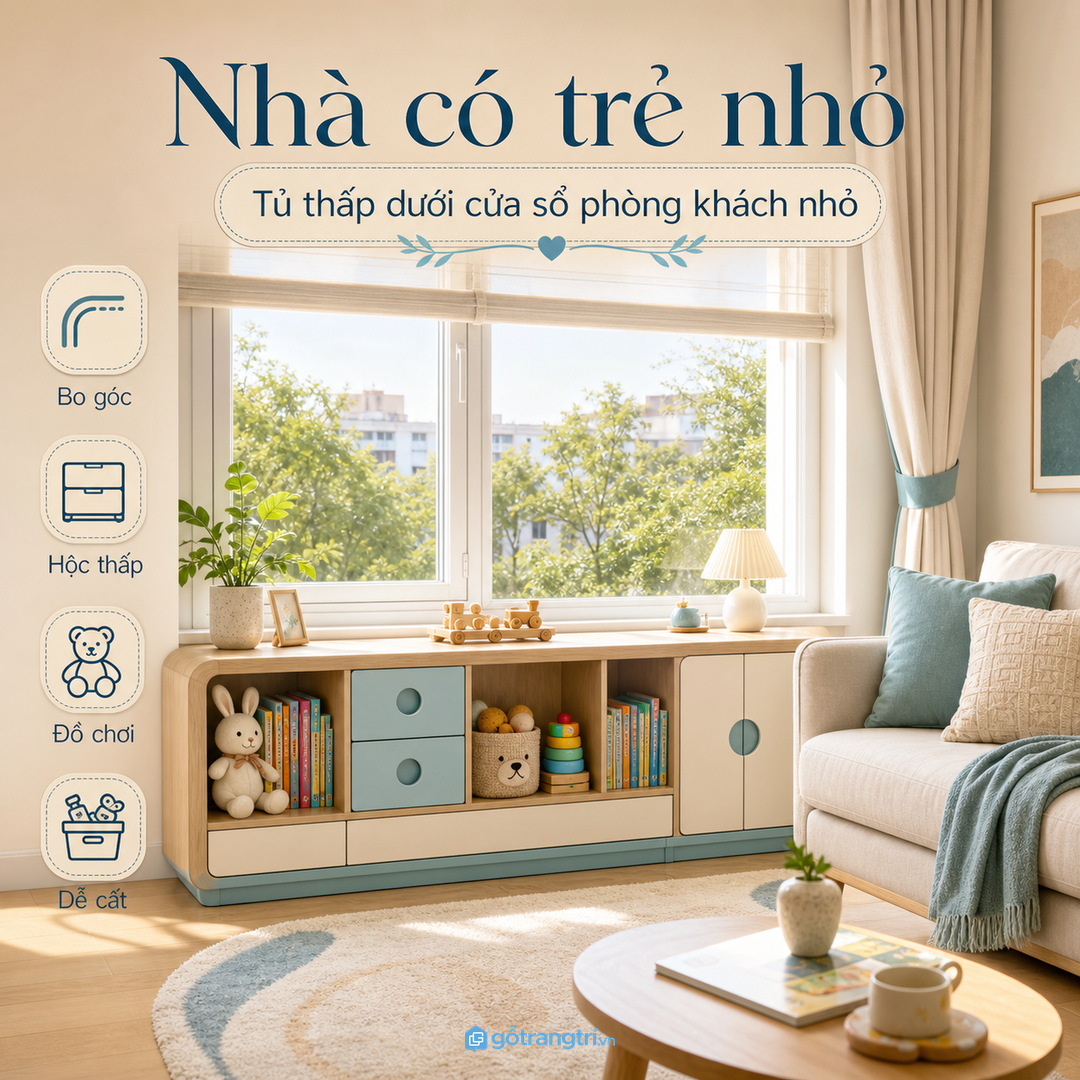 Căn hộ có cửa sổ lớn nên ưu tiên tủ thấp kiêm mặt đặt đồ nhẹ