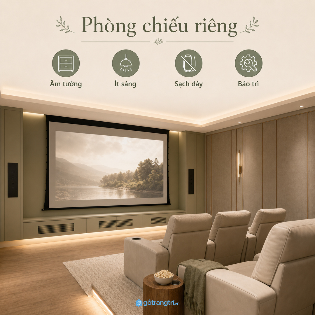 Phòng chiếu riêng có thể dùng tủ âm tường sau hoặc dưới màn