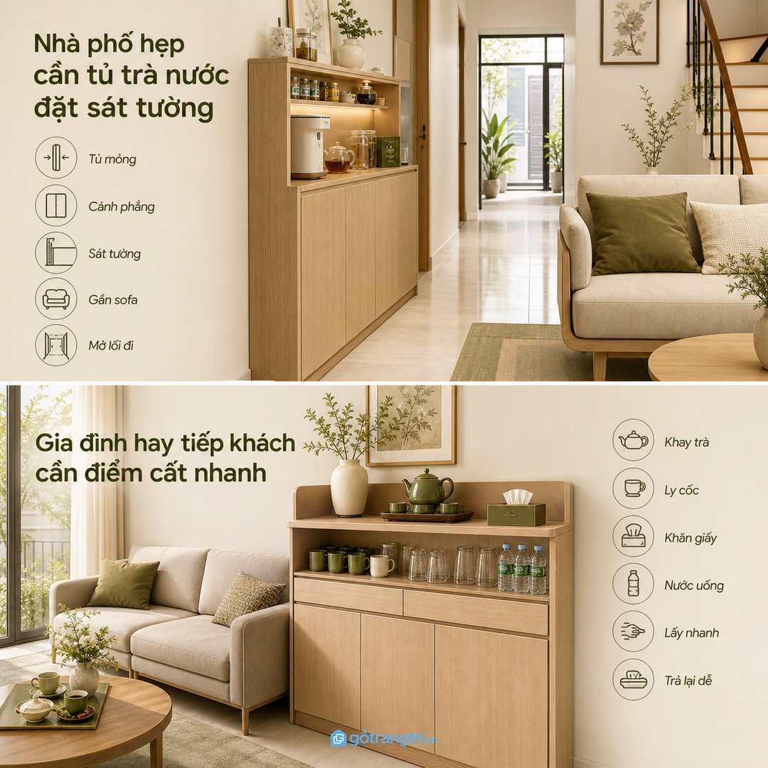 Nhà phố hẹp nên đặt tủ sát tường và đồng bộ kệ tivi