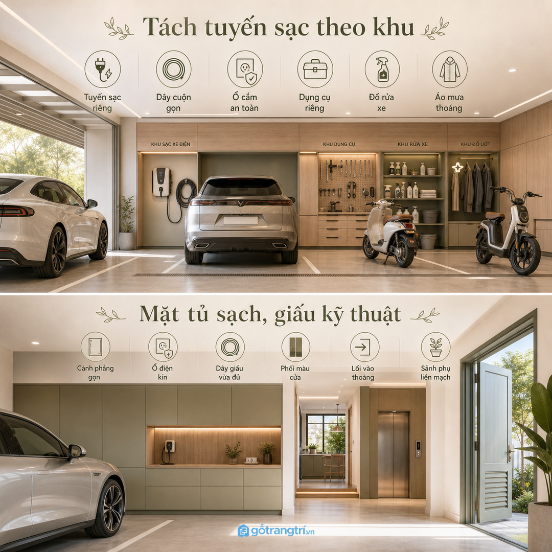 Gara nhiều xe nên tách dây sạc, dụng cụ và đồ vệ sinh theo khu