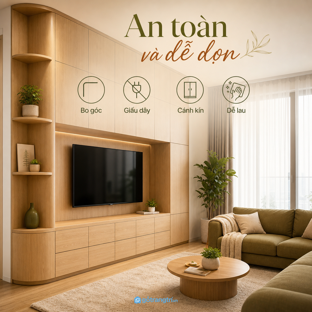 Nhà có trẻ nhỏ cần tủ an toàn, dễ lau và ít đồ lộ ra ngoài
