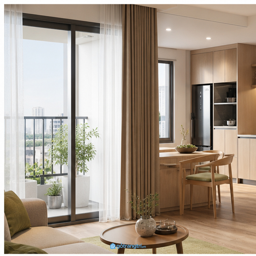Phòng khách liền bếp cần tủ trưng bày dễ lau và ít ám mùi