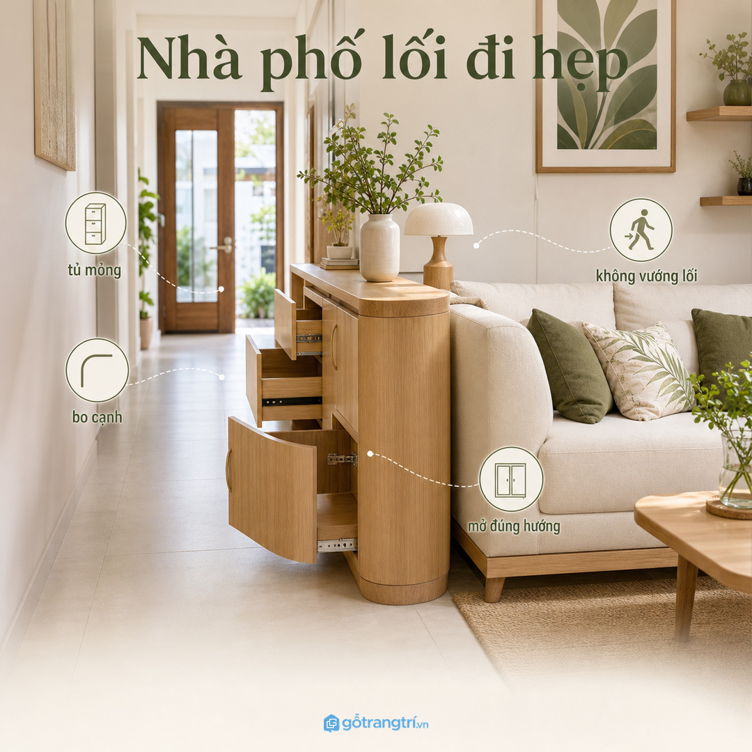 Nhà phố có lối đi hẹp nên chọn tủ sau sofa mỏng và bo cạnh