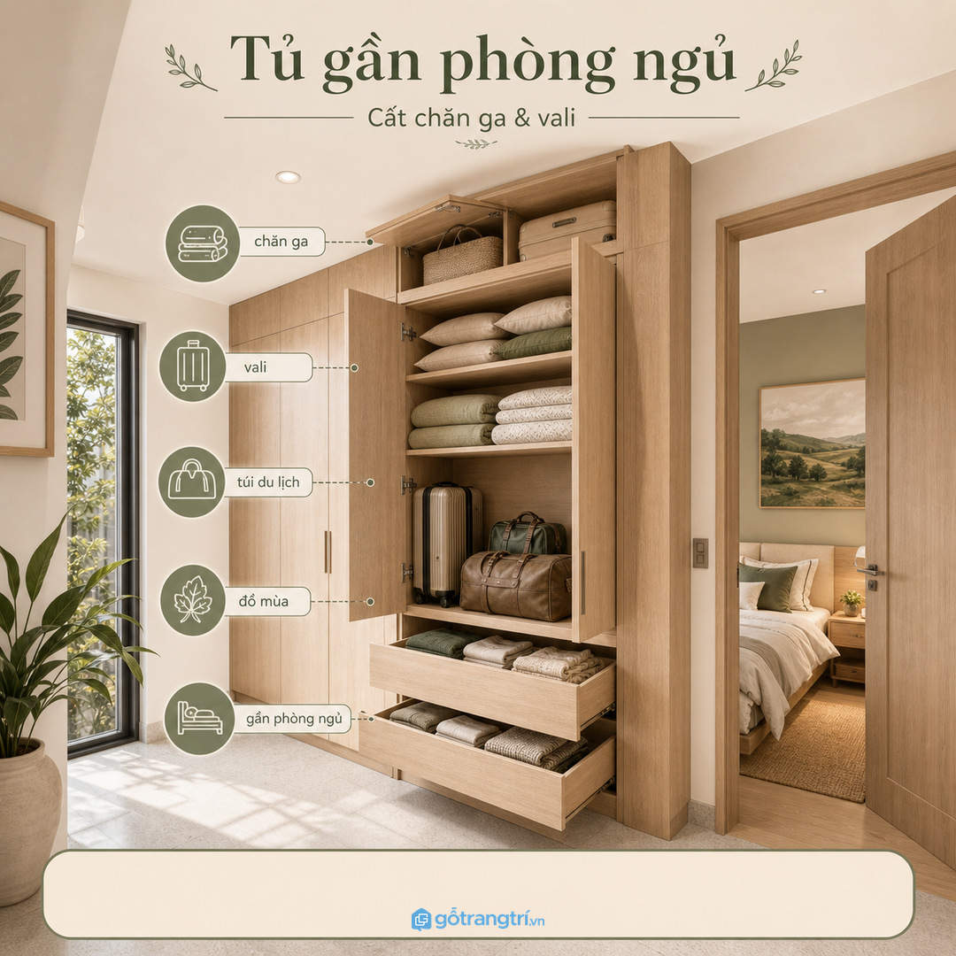 Tủ gần phòng ngủ để cất chăn ga và vali