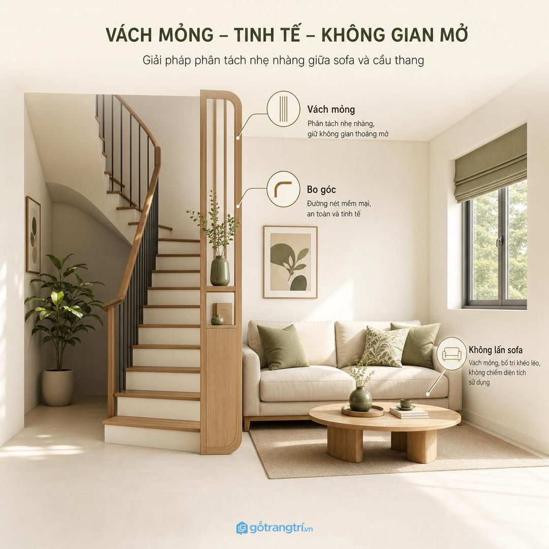 Cầu thang sát phòng khách cần vách mỏng, không lấn sofa