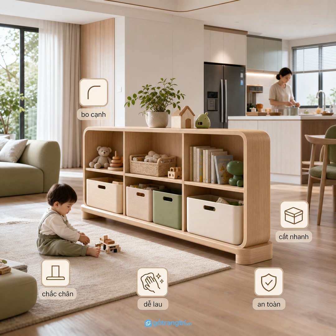 Nhà có trẻ nhỏ nên chọn vách bo cạnh, chắc chân và dễ vệ sinh