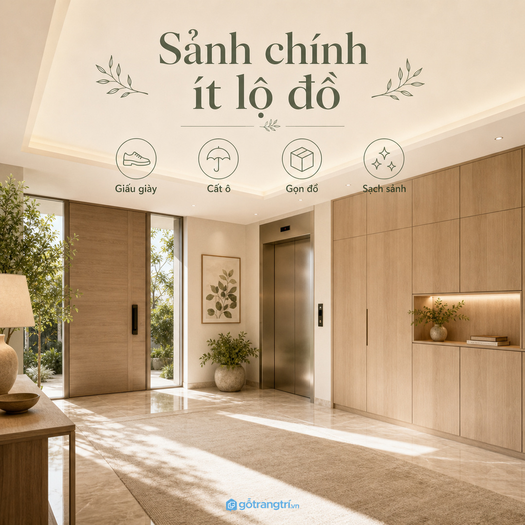 Sảnh tầng nên ưu tiên tủ mỏng, gọn và không cản hành lang