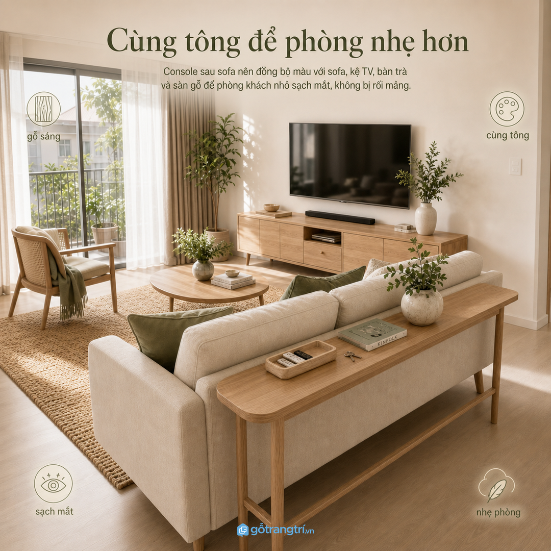 Console sau sofa làm ranh giới mềm cho phòng khách liền bếp