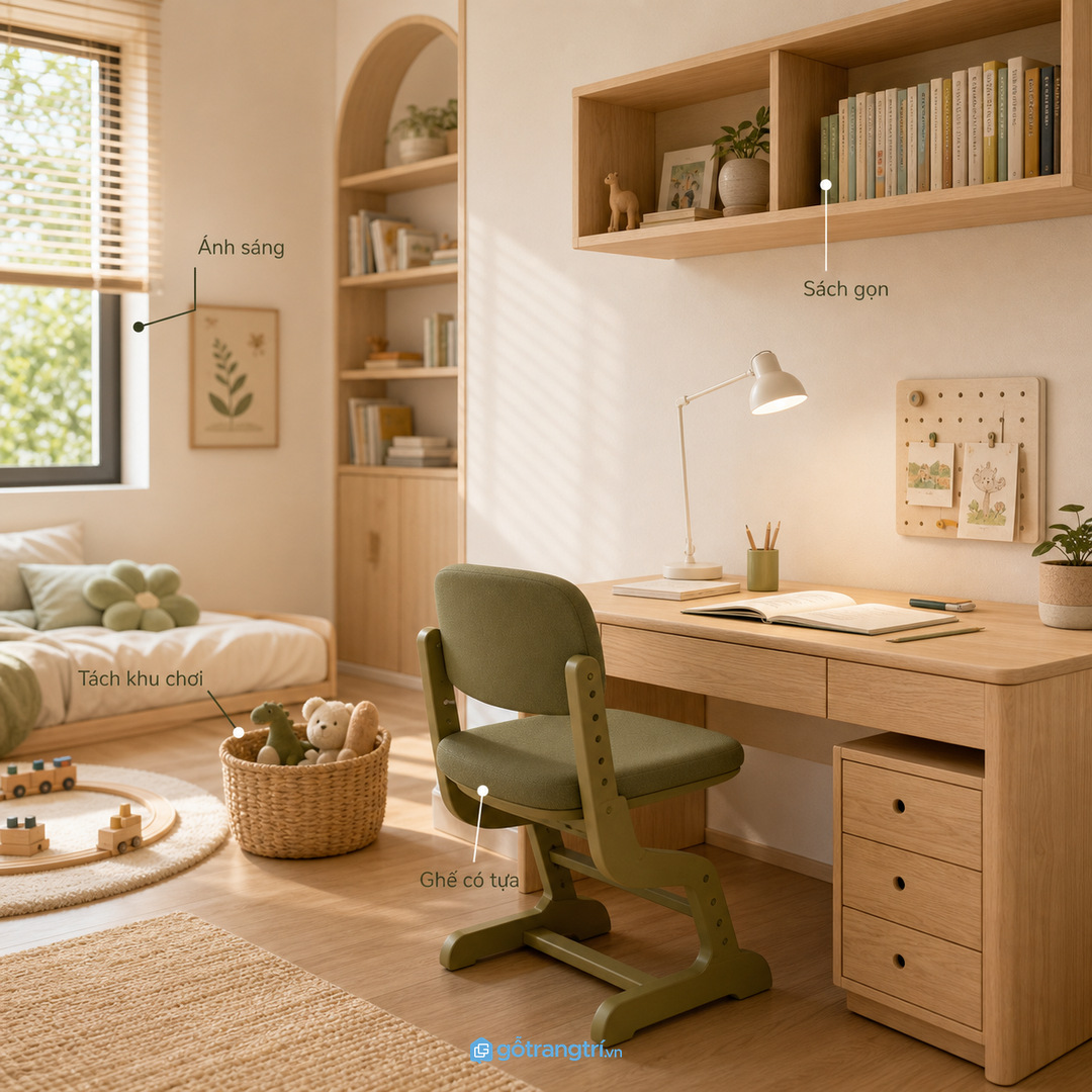Góc học dưới giường tầng hoặc sát tủ áo