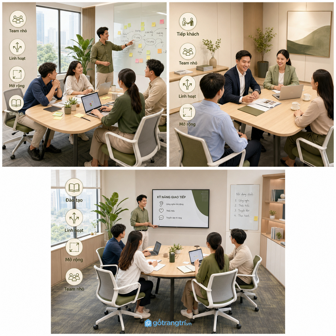 Phòng họp kiêm đào tạo ngắn cần bàn gọn, ghế linh hoạt và màn hình chia sẻ