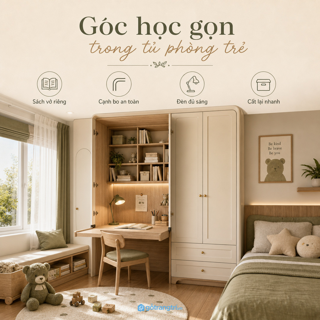 Phòng trẻ cần góc học gọn và dễ kiểm soát đồ