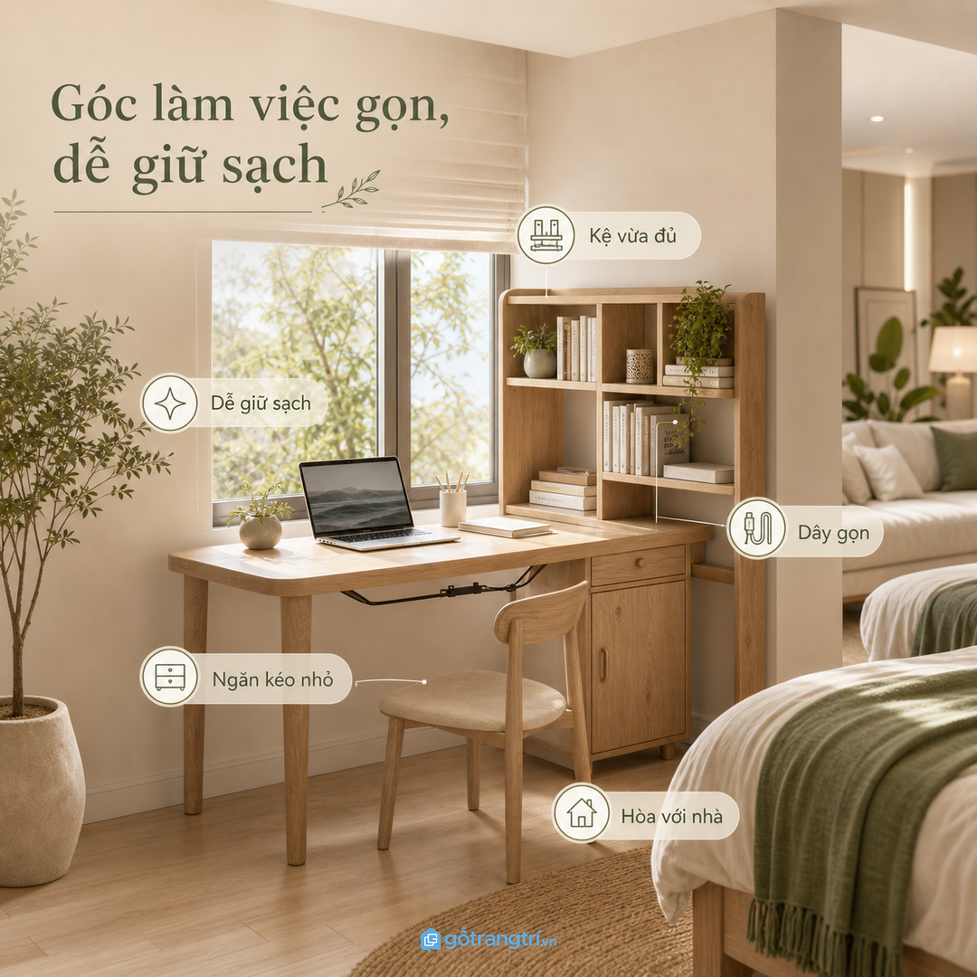 Góc làm việc tại nhà cần bàn gọn, có kệ vừa đủ và dễ giữ sạch