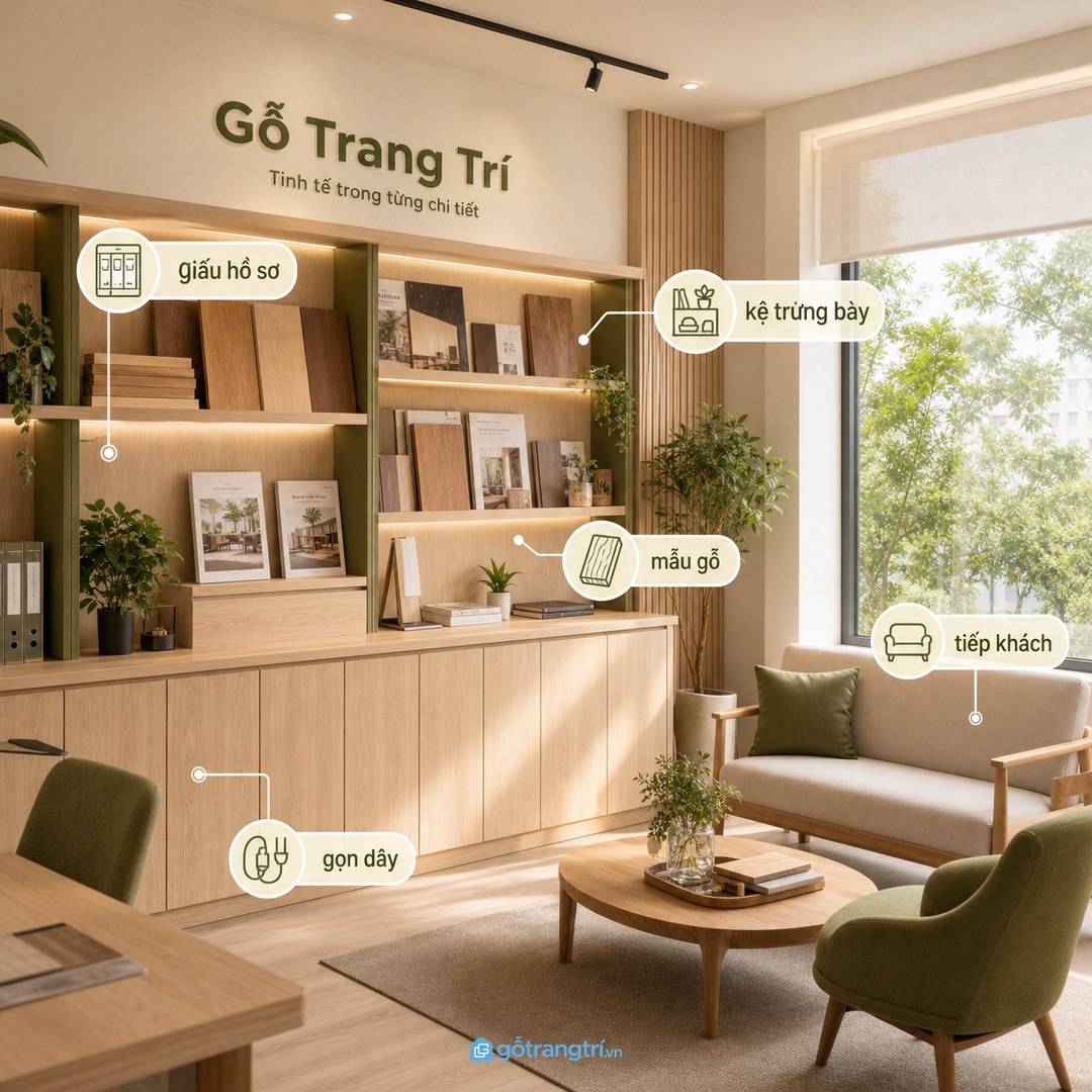 Showroom hoặc văn phòng tiếp khách nên giấu tài liệu xấu và giữ kệ trưng bày đẹp