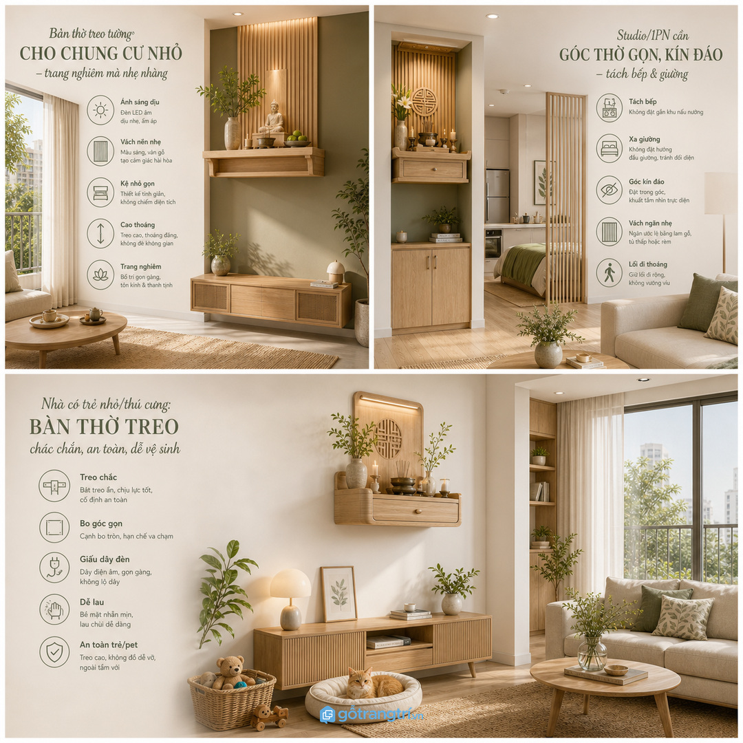 Bàn thờ treo tường may đo giúp đồng bộ màu gỗ và tỉ lệ với nội thất phòng khách