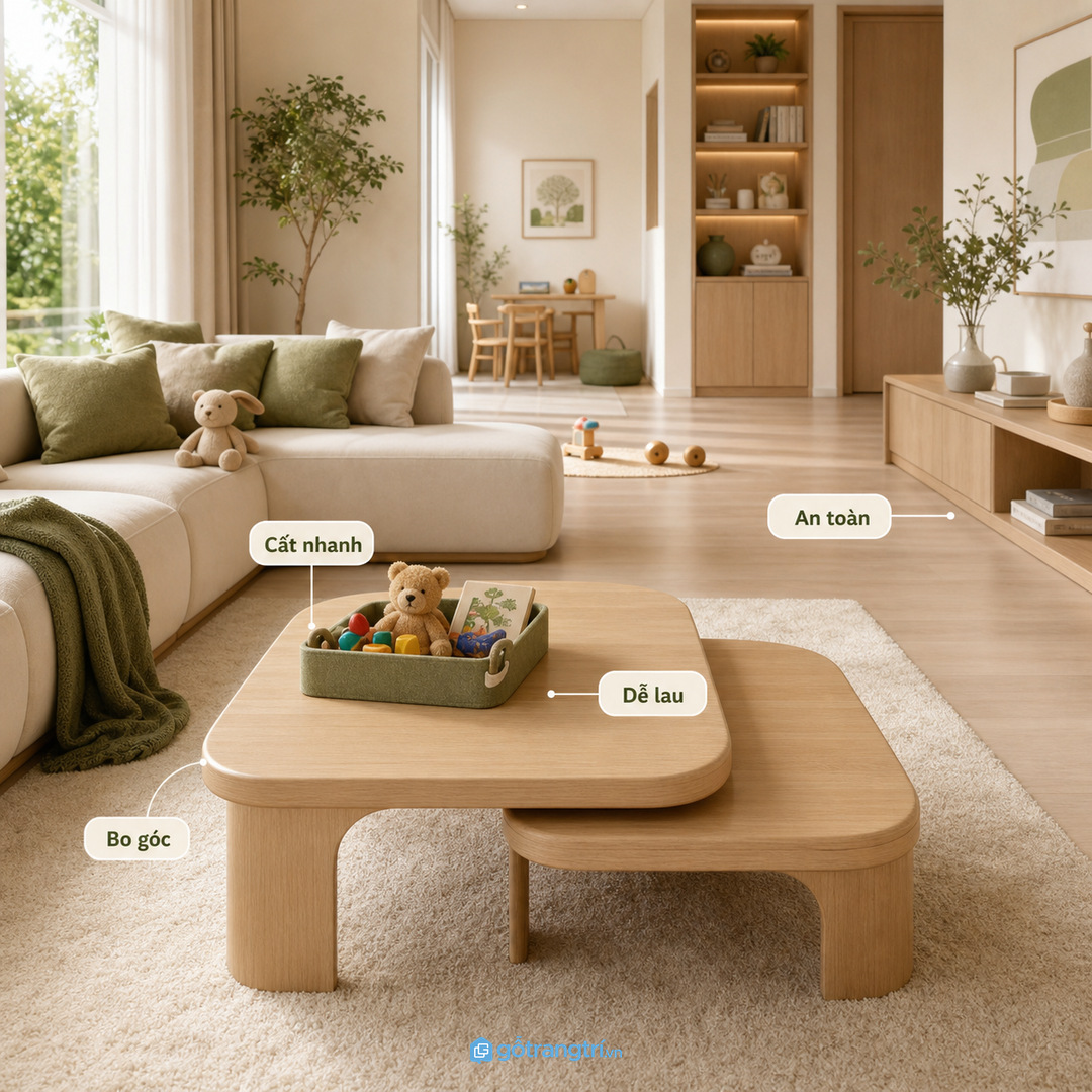 Nhà phố hẹp cần bàn trà đồng bộ với kệ tivi và sofa