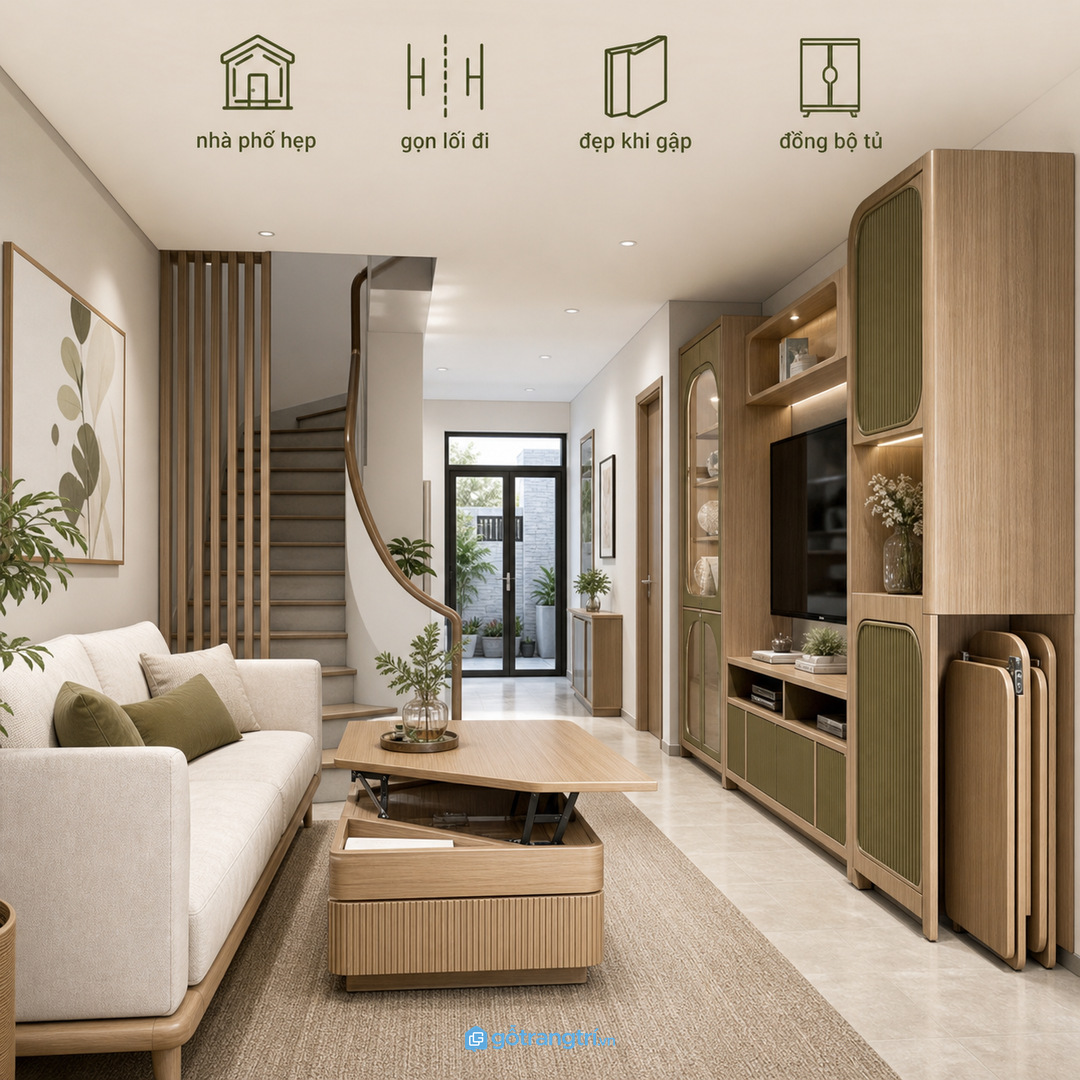 Nhà phố hẹp cần bàn trà đẹp cả khi mở lẫn khi gập