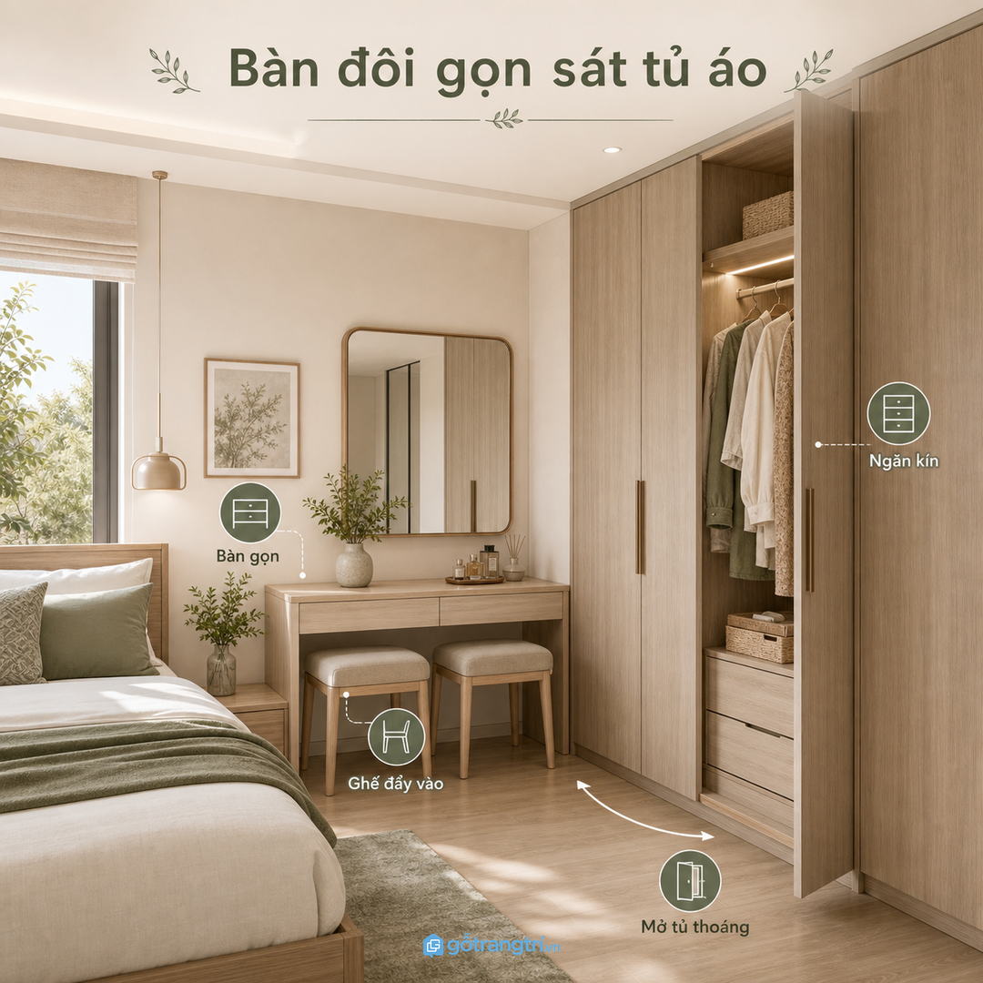 Phòng vừa hoặc sát tủ áo nên dùng bàn đôi gọn, ít chi tiết