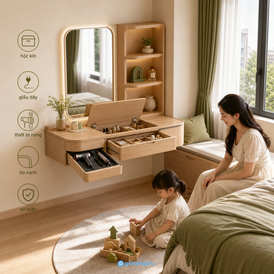 Nhà có trẻ nhỏ cần khoang kín cho mỹ phẩm, dây điện và thiết bị nóng